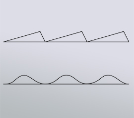 Schematische Darstellung von geritztem Gitter (oben) und holographischem Gitter (unten)